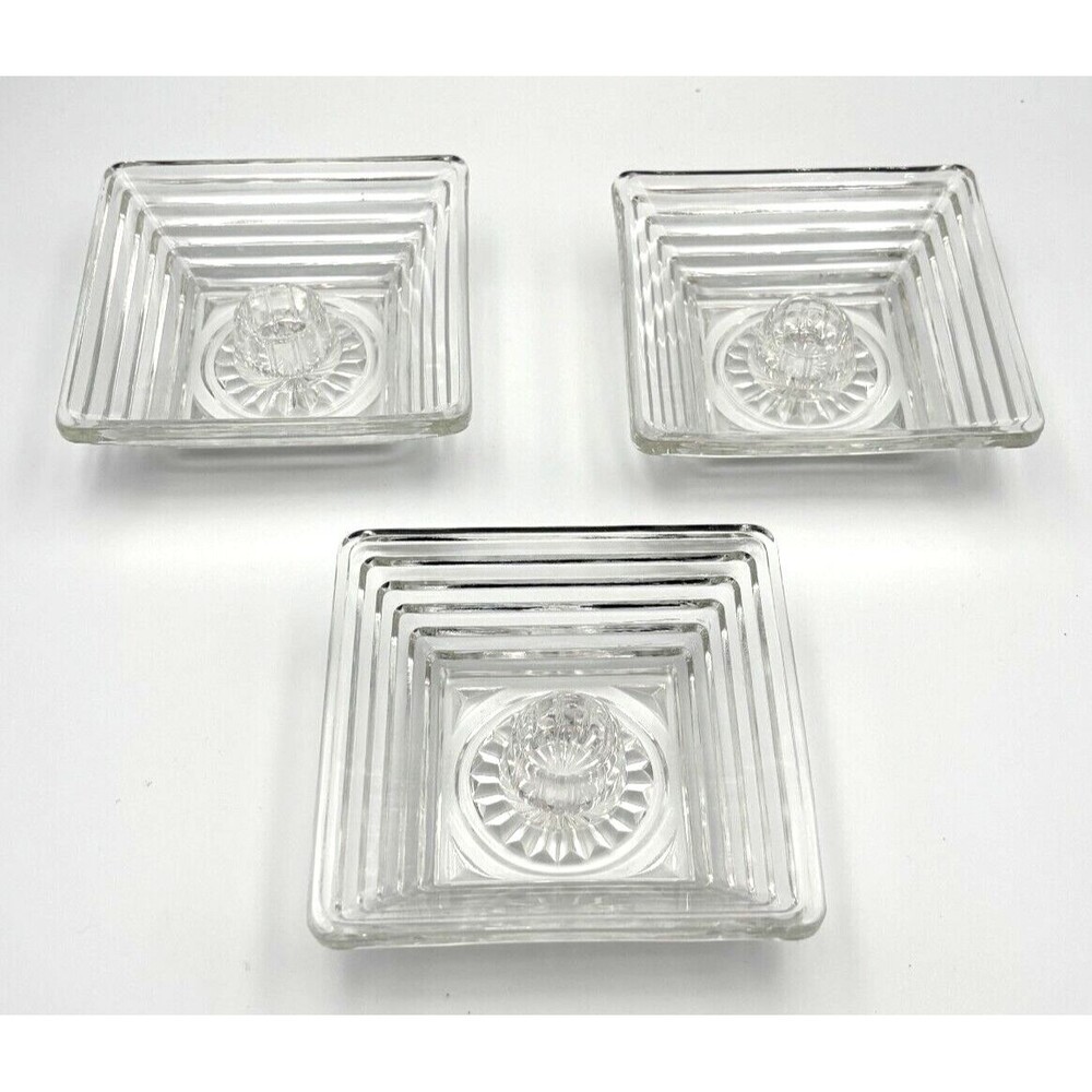 3 VTG Anchor Hocking Glass Manhattan Rings MCM 4" Candle Holders 1938-1943